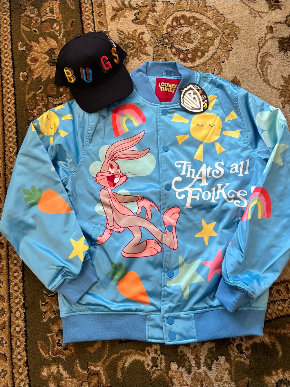 Looney Tunes Bugs Bunny Blue Satin Varsity Jacket And SnapBack Hat